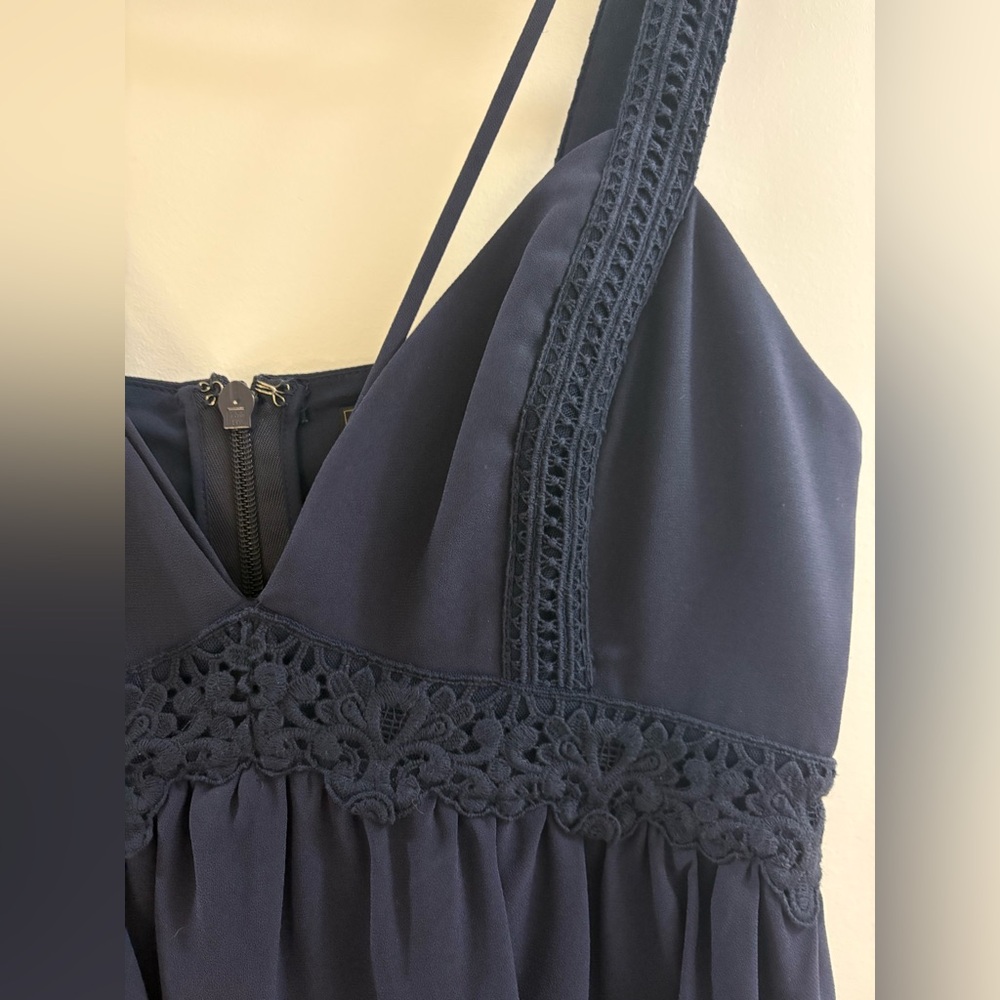 BCBGMAXAZRIA Navy Crepe Embroidered Peplum Jumpsuit - Picture 7 of 13